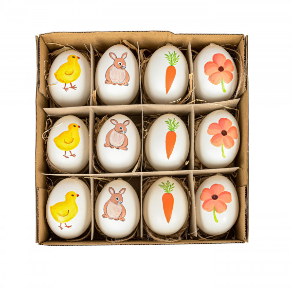 Hühnereier bemalt,Tray/12, Küken Hase Möhre Blume