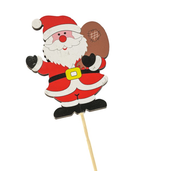Holz-Stecker, Nikolaus mit Geschenksack rot/weiß, 5.8x7.3cm, Stecker 35cm