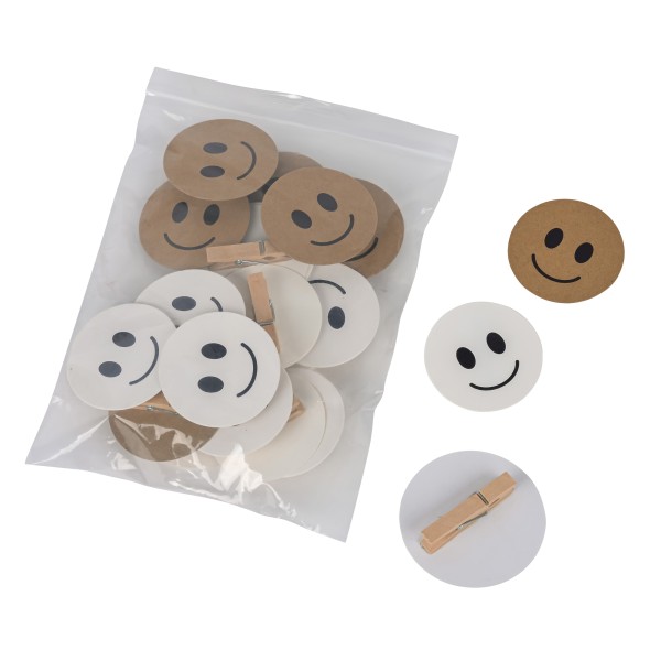 Geschenkanhänger Clip, 50mm, Btl/24 St. sort., Smiley , weiß-natronbraun