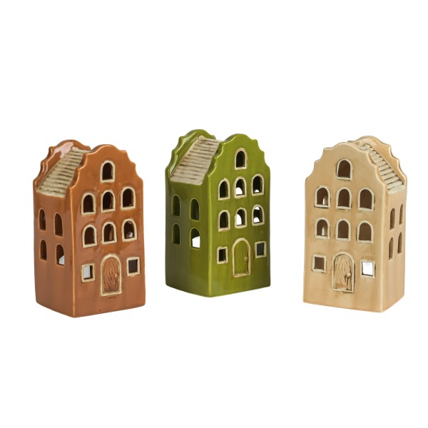 Keramik Haus Amsterdam f Teelicht,grün +creme sortiert, 9x8xh18cm