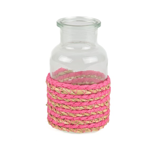 Glas-Flasche mit Seegras umwickelt, 6xh13cm, pink