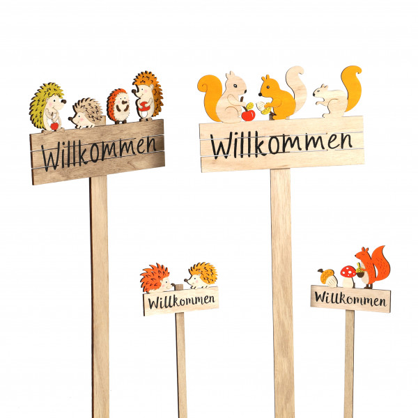 Dekostecker Willkommen , Holz Igel/Eichhörnchen, 26x10.5 cm