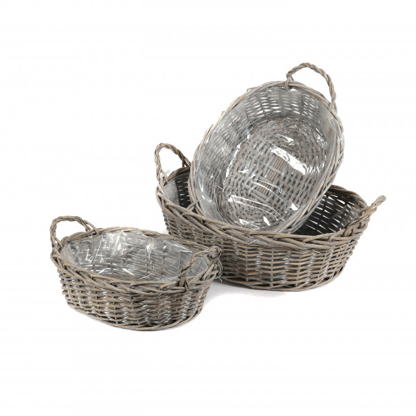 Weiden Korb oval mit 2 Griffen, Set/3 grau-antik,55x42xh18/48x26xh16/41x30xh14