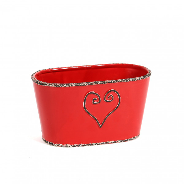Keramik Jardiniere Lea mit Herz-Design rot glasiert, Rand antik