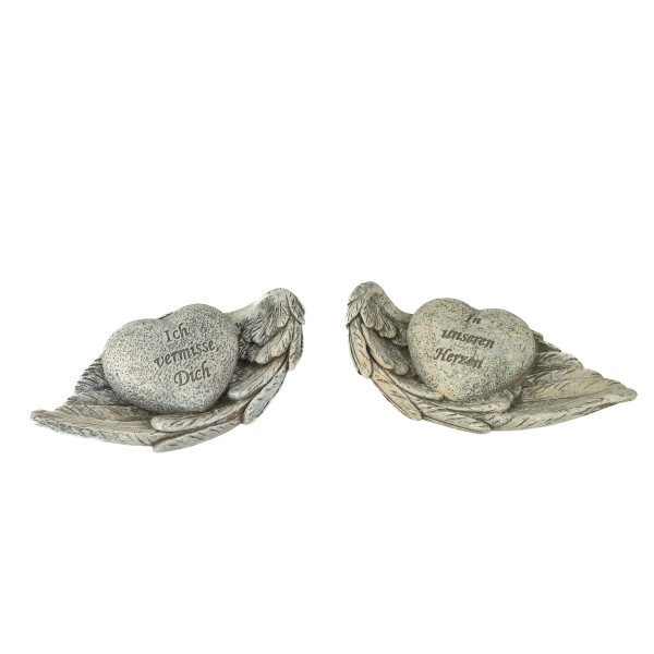 Poly-Flügel mit Herz, 2 Trauersprüche sort, 15x6,5x5,3 cm, grau-antik