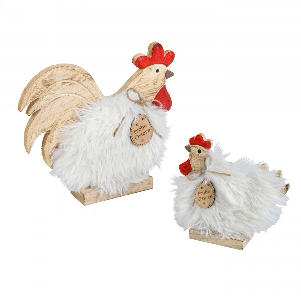 Huhn Glucki , Holz/Fell, stehend, weiß-natur