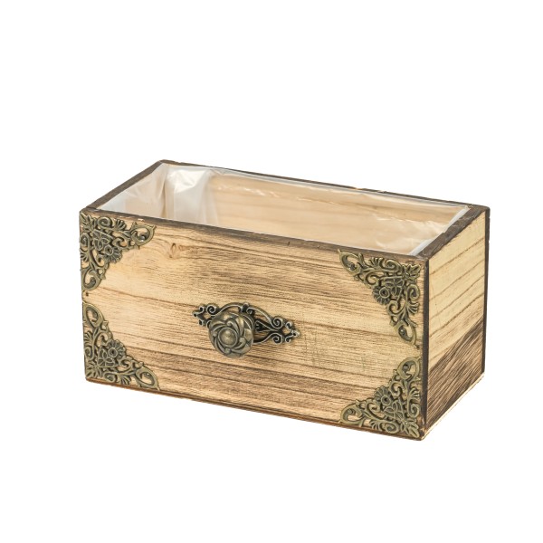 Holz Jardiniere 20x10xh10cm, geflammt mit Metallbeschlägen&Knauf