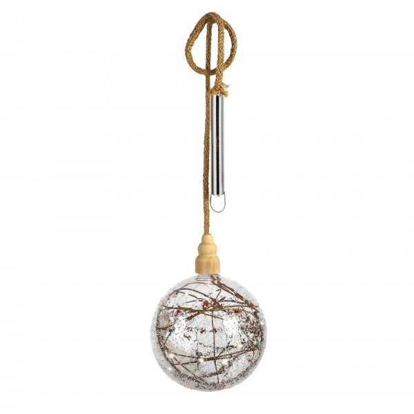 Dekokugel Reisig/Beeren , Glas mit LED 15 cm, Timer 6/18h ohne Batt.