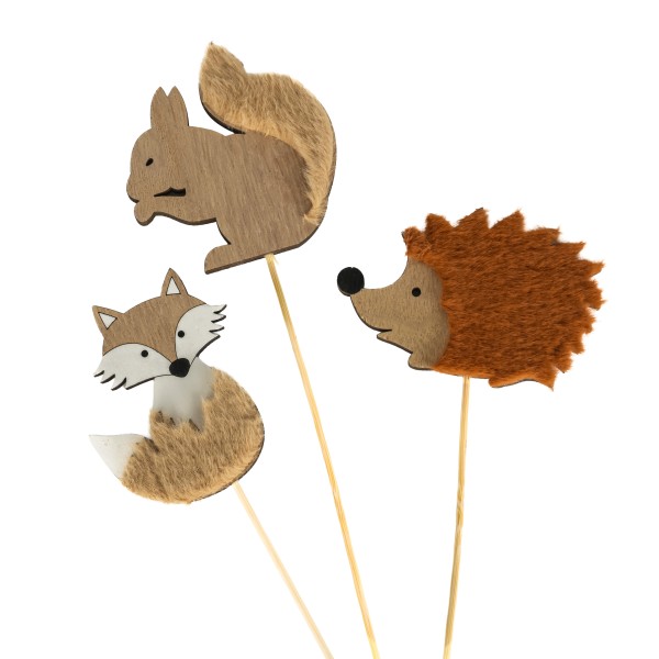 Holzstecker,Fuchs,Eichhörnchen+Igel sort mit Fell,rotbraun/creme, 8,7 Stecker35c