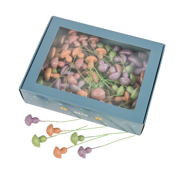 Glitter-Pilze am Draht, 3 Größen sort., Box/90 St.