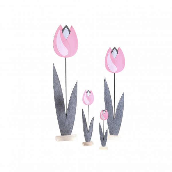 Tulpe, Filz, auf Holzbase,grau-pink-weiß