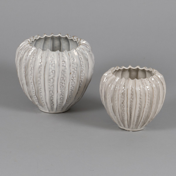 Keramik-Orchideentopf bauchig mit Rillen ,weiß glasiert