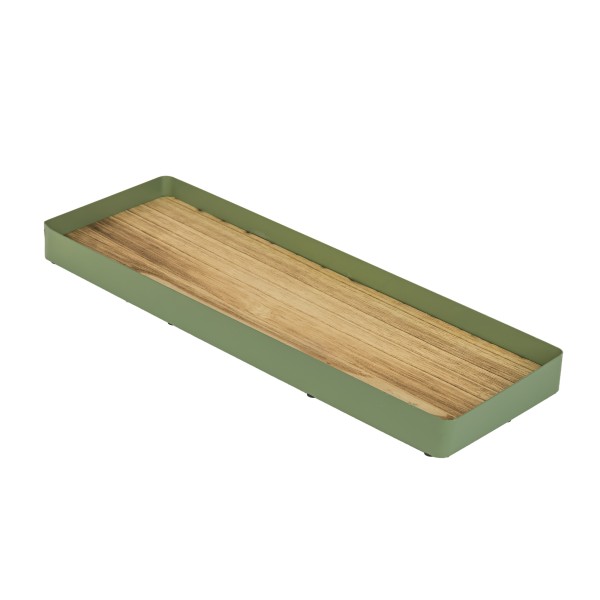 Holz Tablett rechteckig mit Metall- Umrandung,grün matt, 42x14xh3 cm