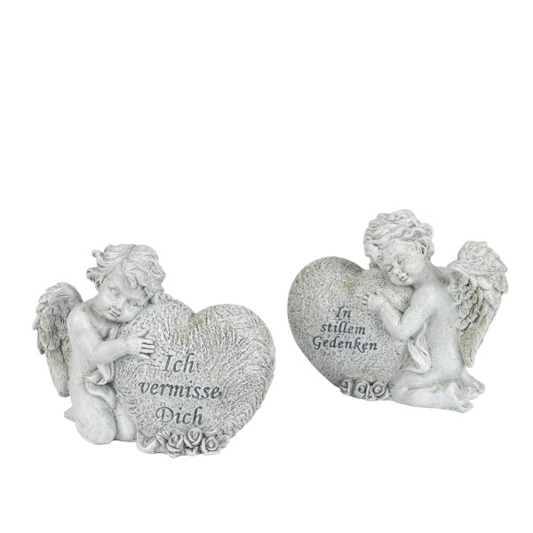 Poly Trauer Engel mit Herz/Text, 2 Mod sortiert, 13,5x5,5x11cm grau-antik