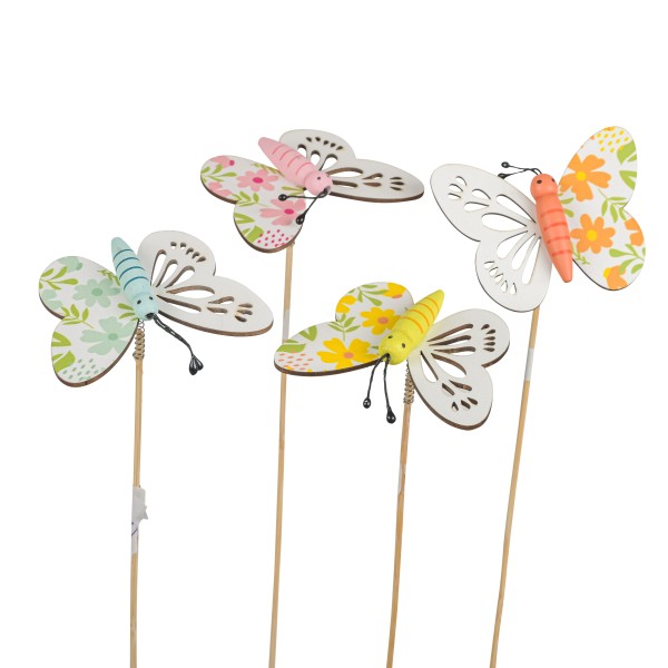 Holzstecker Schmetterling, 4 Farben sort 7,3x6cm Stecker 35 cm