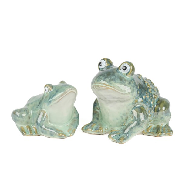 Steinzeug Frosch sitzend, grün/weiß glasiert