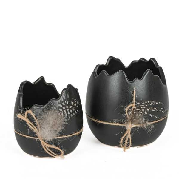 Keramik Pflanz/Deko Ei mit Jutekordel& Perlhuhnfeder,schwarz