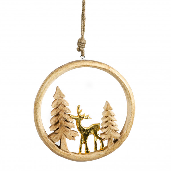 Holz-Ring natur z hängen, m Tannenbäumen u goldenem Hirsch, D20cmxH2,5cm