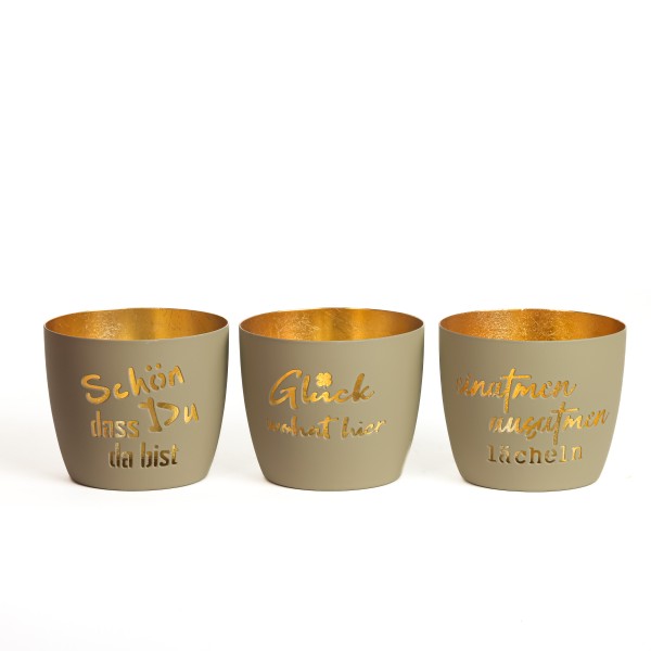 Metall-Windlicht mit Spruch, 10x8,5cm, 3 Sprüche sort, taupe/gold