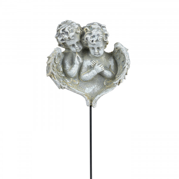 Trauer-Engel-Paar im Herz auf Metall- Stecker, 9x8x3cm, grau-antik