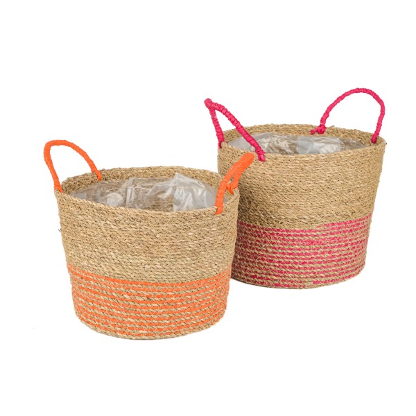Seegras Pflanz-Topf rund Set/2, pink &orange sortiert, 23xh18 + 25xh21cm