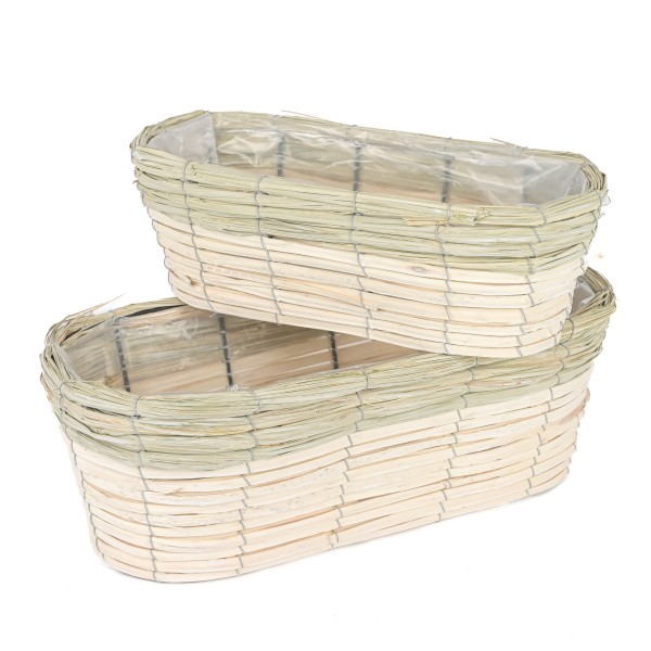 Holz-Span Korb, Jardiniere oval m Natur- Rand, weiß antik S/2, 31x13/39x17 cm