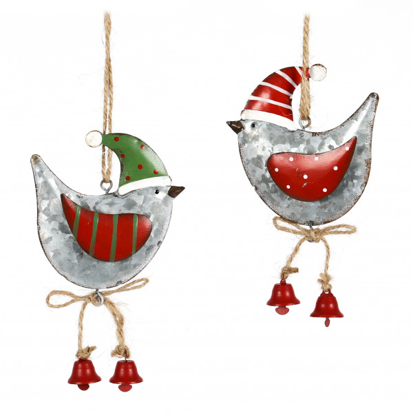 Vogel m.Weihnachtsmütze, Zink, 2 Mod. z.hängen, 15.5x8.5x2.5 cm