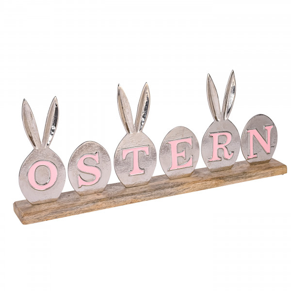 Aluguss Schriftzug Ostern mit Hasenohren auf Holzbase, silber-rosa, 53x6x21,5cm