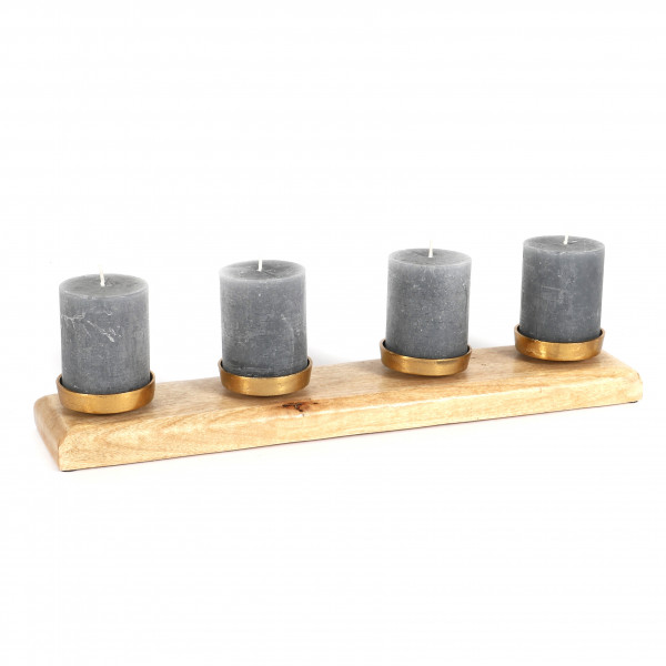 Kerzentray, Mangoholz-Aluguss 50x10x6 cm goldene Tüllen