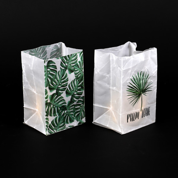 Windlichttüte Monstera Kunststoff mit Glas, 2 Mod.9x7x14,5 cm