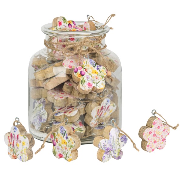 Holz-Blume im Glassgefäß,VE=40 Stk, 4Motive sort