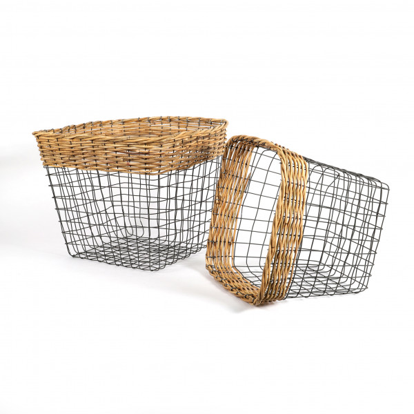 Draht-Korb,Topf quadratisch Set/2 grau m.Rattan Rand, 43xh.37 / 36xh.32 cm