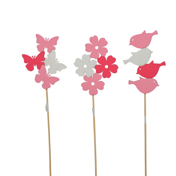 Holzstecker, Vogel/Blume/Schmetterling sort, rosa/weiß 7x8cm Stecker 35 cm