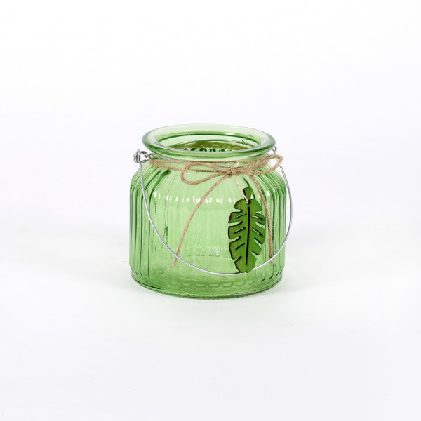 Windlicht Monstera Glas mit Metallbügel, 11x10 cm, grün