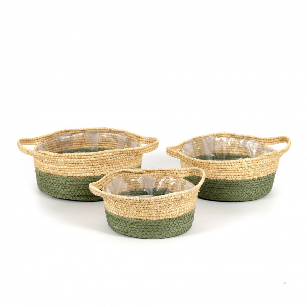 Korb Schale a.weichem Naturblatt,dk.grün abgesetzt, rund Set/3, D19,22,24cm