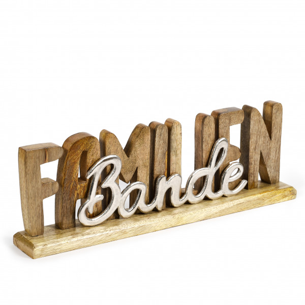 Schriftzug Familienbande auf Holzbase, Holz/Metall, 50x18x8cm