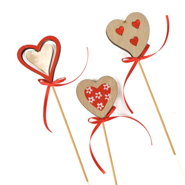 Herz-Stecker,rot-weiß,4.6x22.5cm Holz, Btl/24 St. sort.