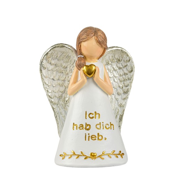 Poly Engel mit Spruch, creme/gold 7x5x H11cm, Ich hab dich lieb