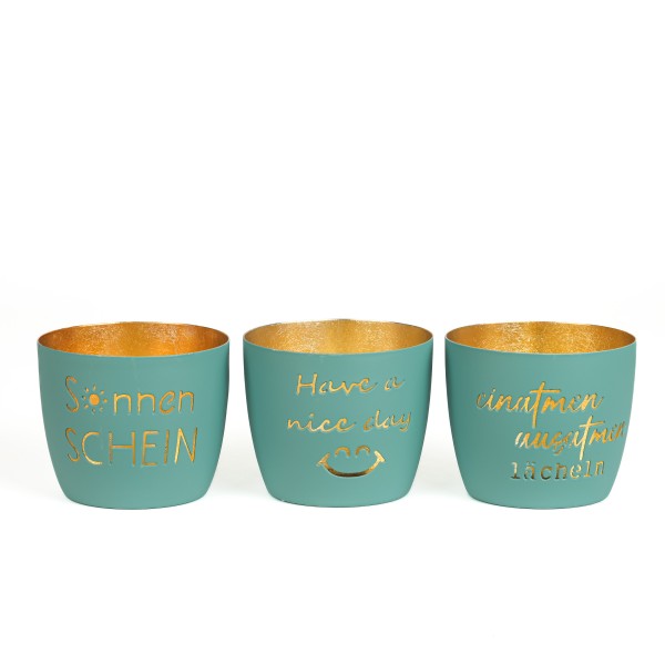 Metall-Windlicht mit Spruch, 10x8,5cm, 3 Sprüche sort, petrol/gold