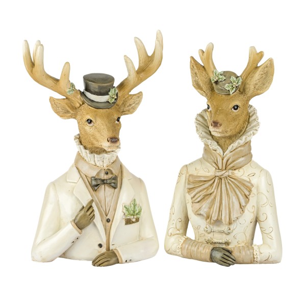 Poly Hirsch-Büste Monsieur&Madame 2Mod sort, 15x10h24cm, antik-weiß