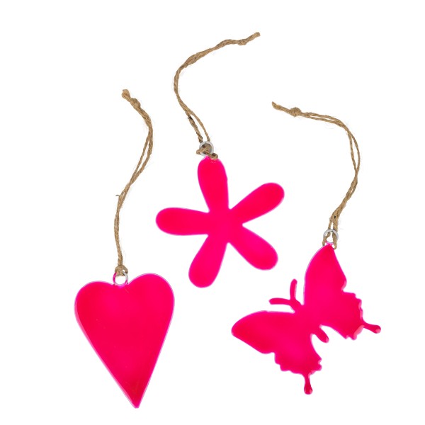 Metall-Hänger,pink,3Formen sort. Blume,Herz,Schmetterling,ca.9cm