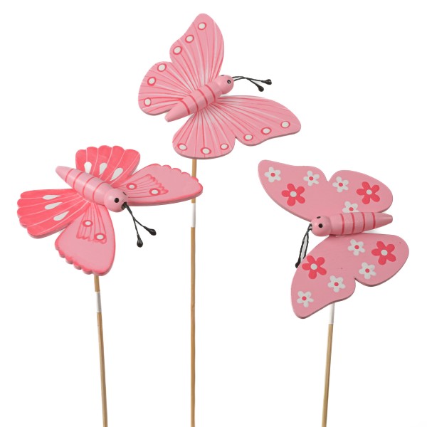 Holzstecker Schmetterling, 3 Mod sort rosa, 7,3x6cm Stecker 35 cm