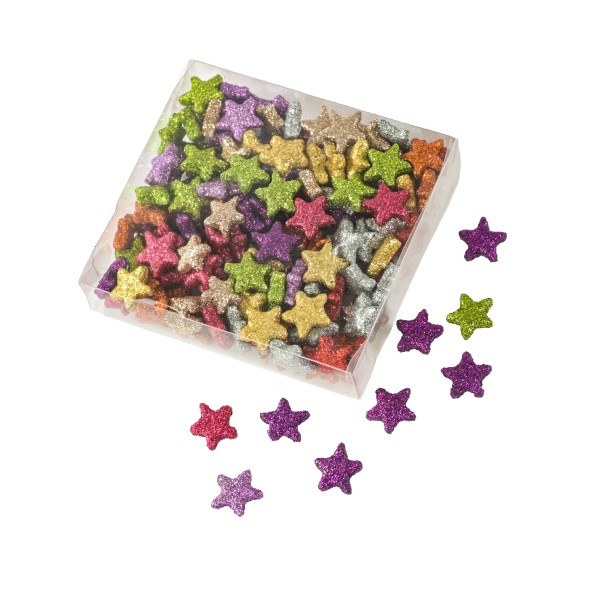 PET Glitter-Sterne 17mm, Box/144 St. sort.