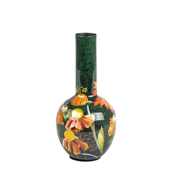 Metall-Vase Otono 11x23cm, bauchig Herbstmotive auf grünem Grund