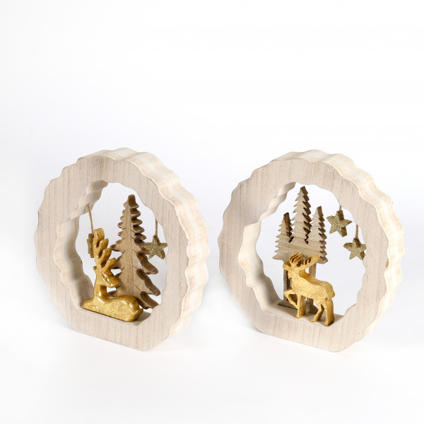 Holzscheibe z.stellen, Hirsch+Tanne gold-natur, 2 Mod., 21x21x4 cm