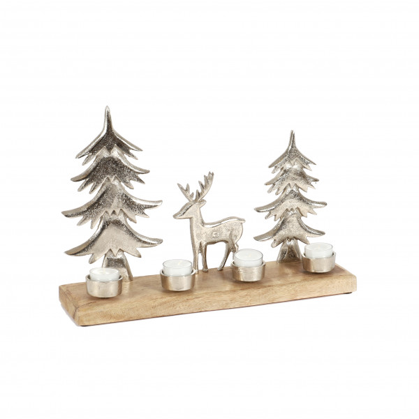 Teelichthalter Waldszene , Hirsch/Baum Holz/Metall, 41x10x27 cm, natur
