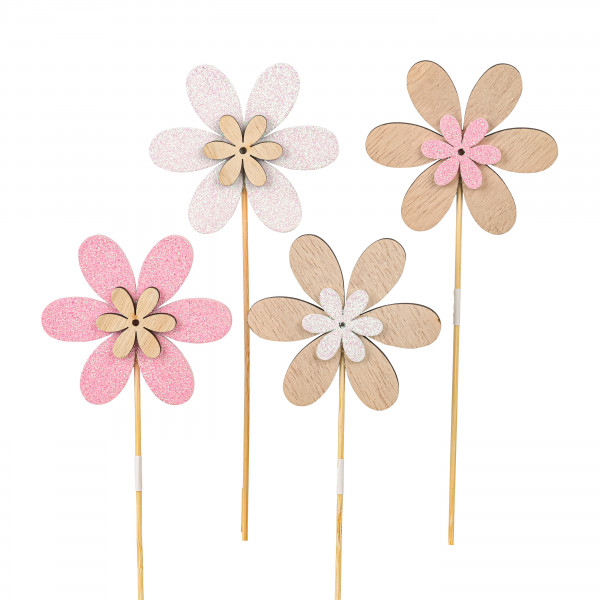 Holzstecker Blume, rosa/weiß, 4 Modelle sortiert, 8cm Stecker 35 cm