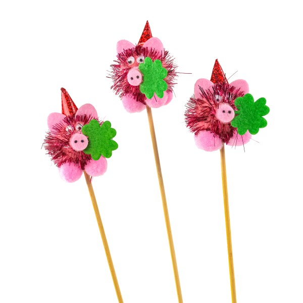 Glücksschwein am Stick, 2 Modelle, 50mm, Btl/8 St. pink