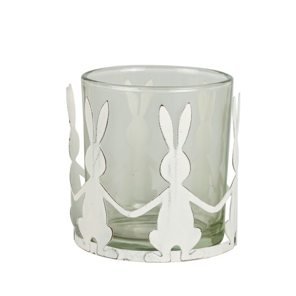 Teelichtglas Hasentanz ,weiß,7x8x8cm Metall/Glas