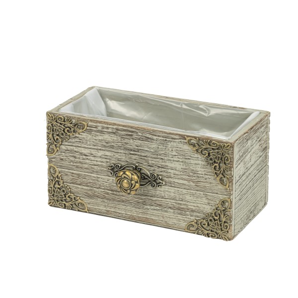 Holz Jardiniere 20x10xh10cm, grau antik mit Metallbeschlägen&Knauf